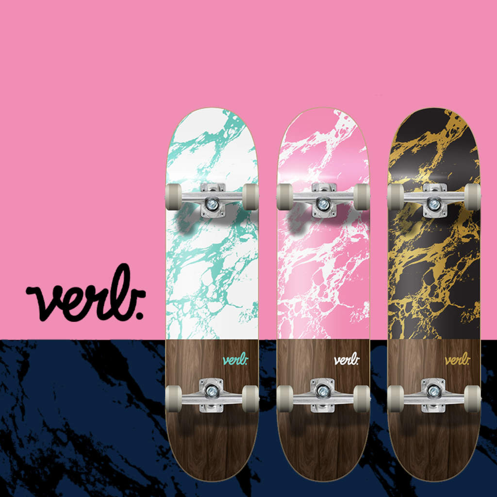 Verb Skateboards Marble Series in Green, Pink and Gold on pink and blue marble background