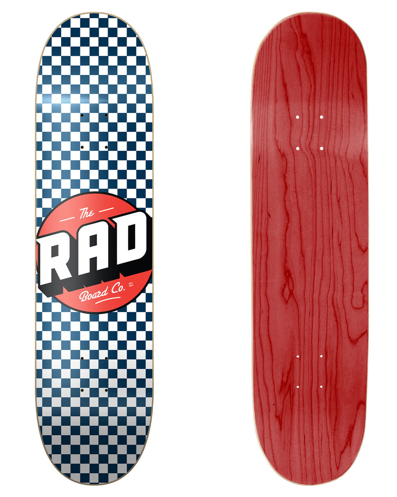 RAD Board Co. Logo Skateboard Deck "Checkers Navy / White" in 8.25" bottom graphic and deck top view