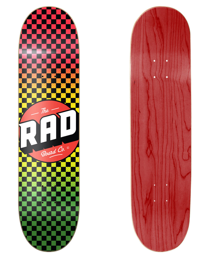 RAD Board Co. Logo Skateboard Deck "Checkers Rasta Fade" in 8.5" bottom graphic and deck top view