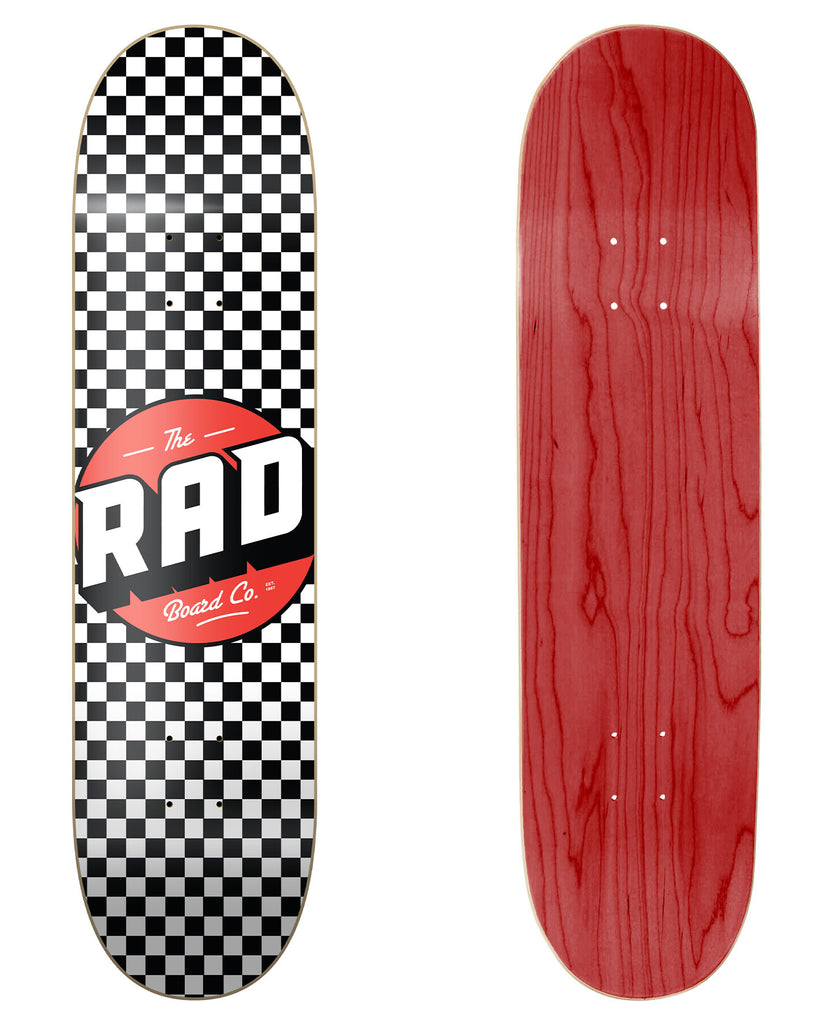 RAD Board Co. Logo Skateboard Deck "Checkers Black / White" in 7.75", 8", 8.25" & 8.5" bottom graphic and deck top view