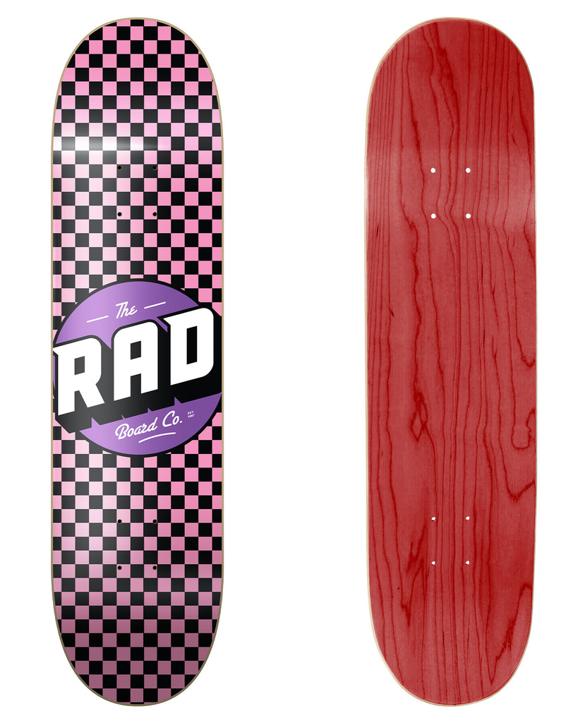 RAD Board Co. Logo Skateboard Deck "Checkers Black / Pink" in 7.75", 8", 8.25" & 8.375" bottom graphic and deck top view