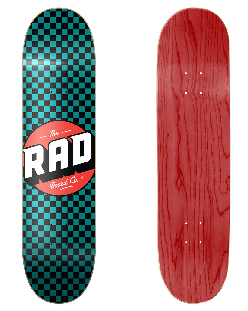 RAD Board Co. Logo Skateboard Deck "Checkers Black / Teal" in 8", 8.25" & 8.375" bottom graphic and deck top view