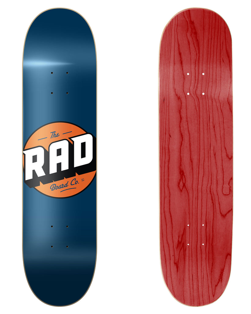 RAD Board Co. Logo Skateboard Deck "Solid Navy / Orange" in 8.125" bottom graphic and deck top view