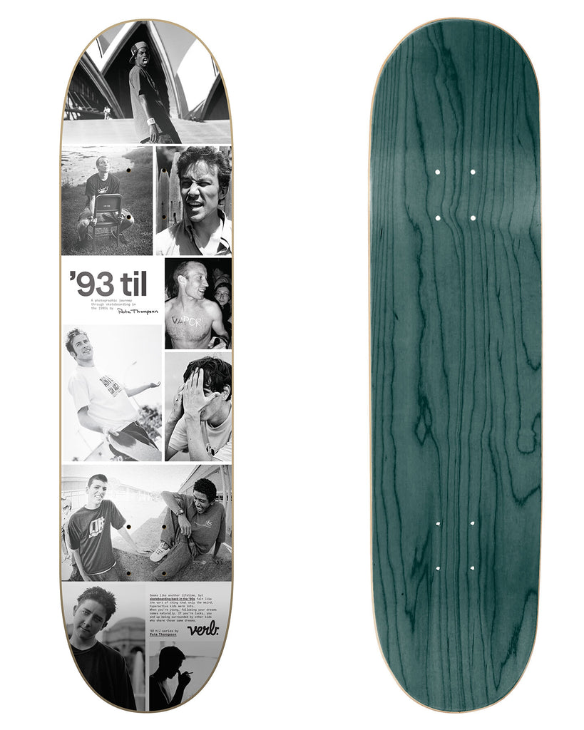 Verb Skateboards X Pete Thompson 93 Til Series "Collage Black & White" deck in 8.25" bottom graphic and deck top view