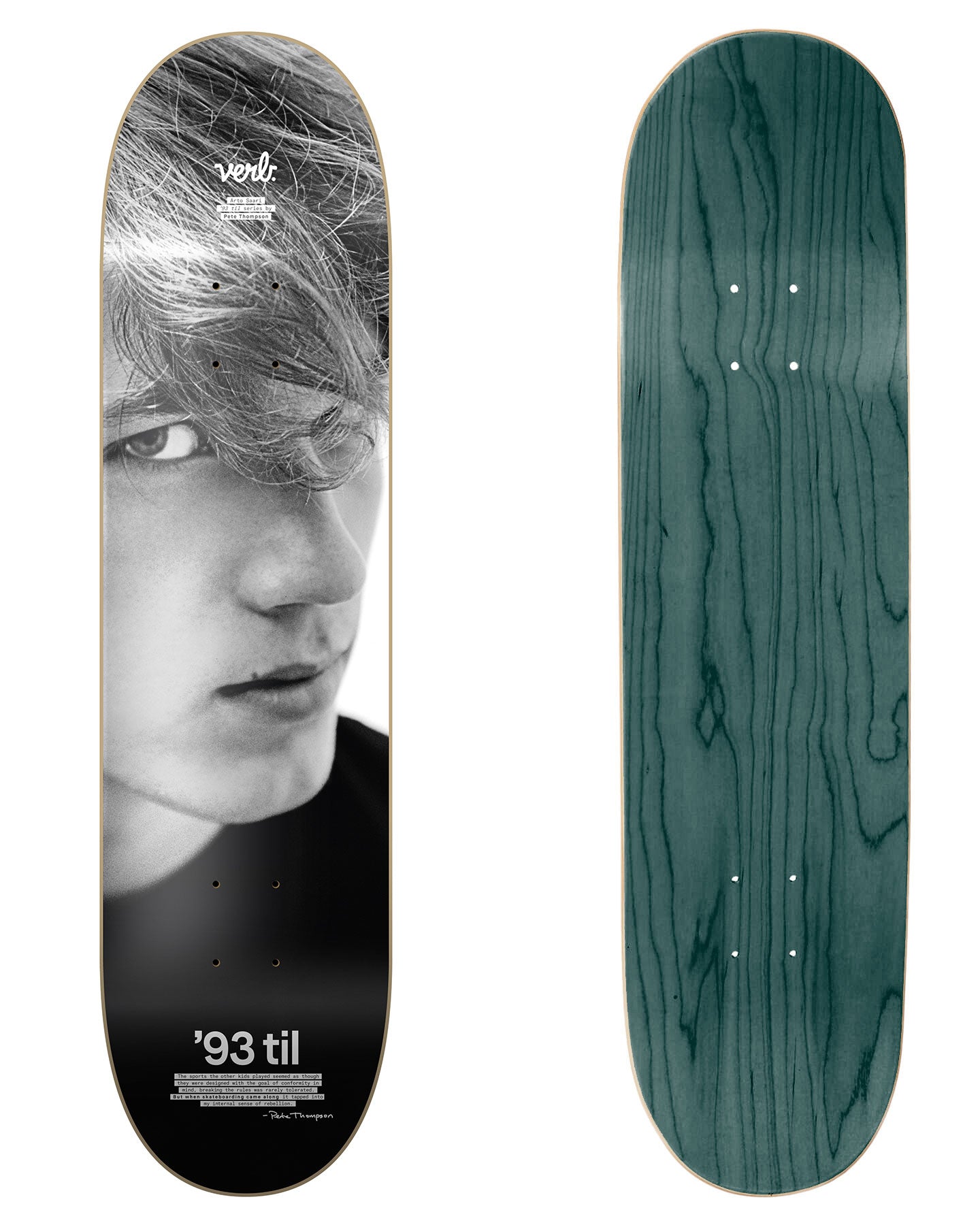 Verb Skateboards X Pete Thompson 93 Til Series "Arto Saari Portrait" deck in 8.25" bottom graphic and deck top view