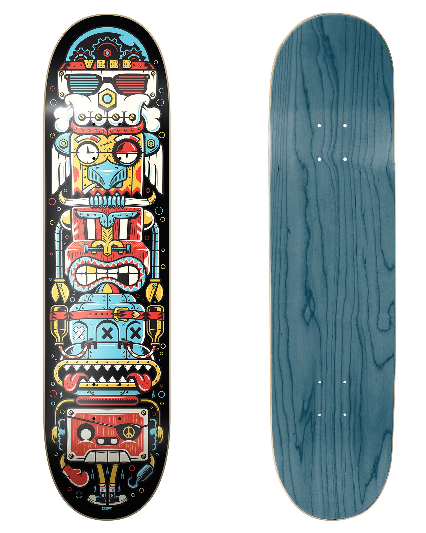 Verb Skateboards Artist Series Deck Kronk "Totem" in 8" bottom graphic and deck top view