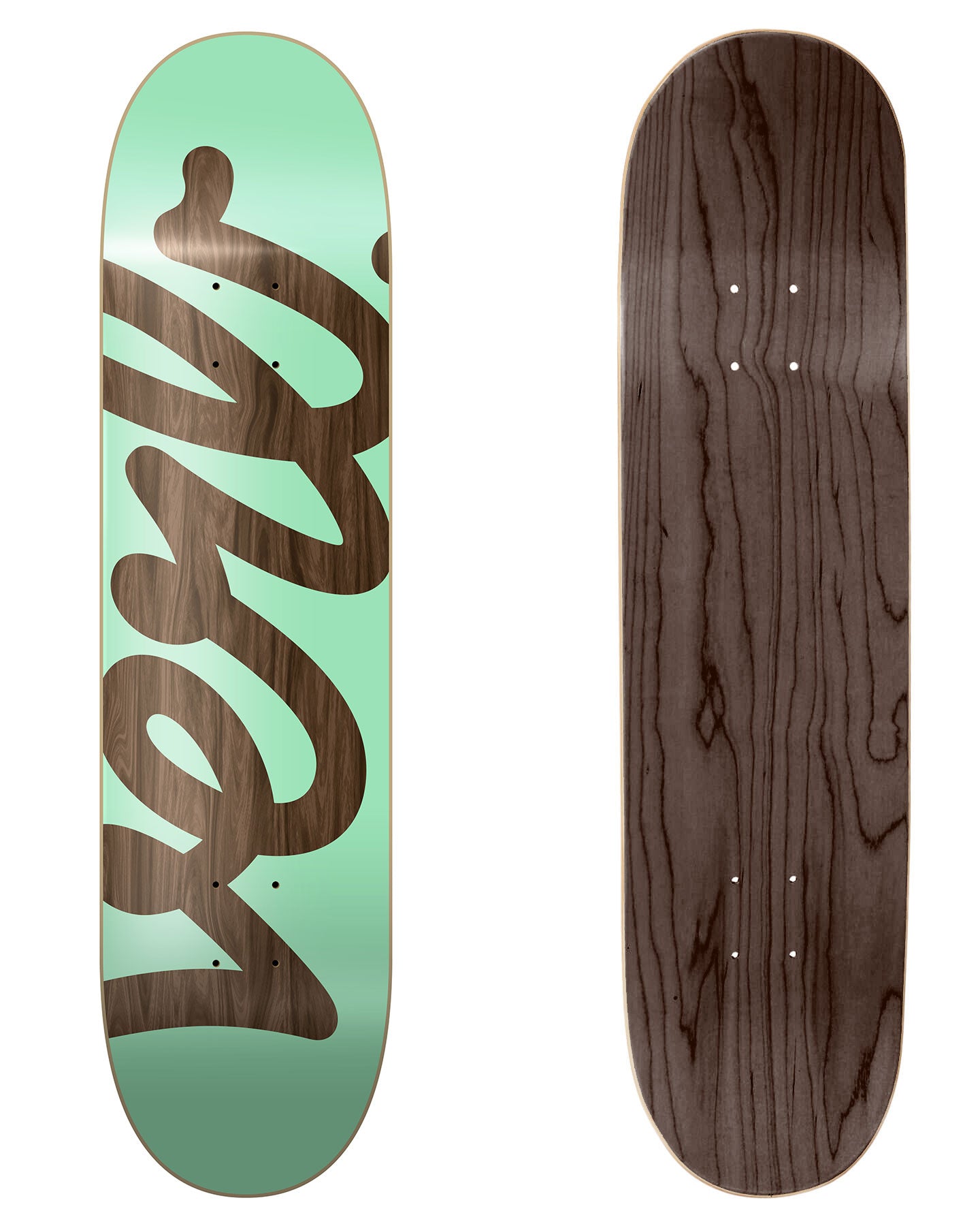 Verb Skateboards Deck "XL Script Mint" in 8.5" bottom graphic and deck top view