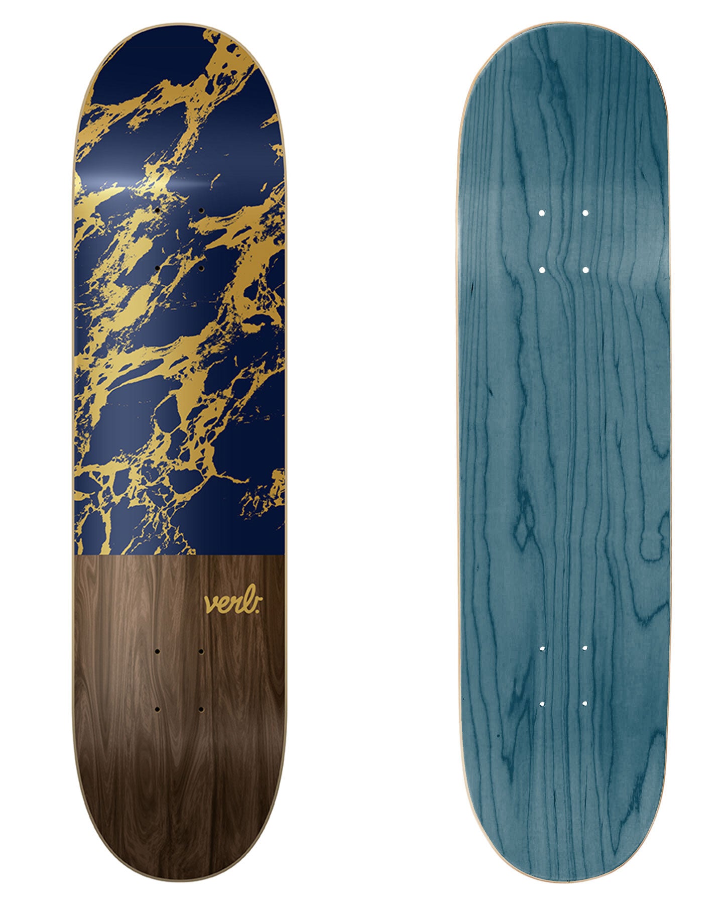 Verb Skateboards Deck "Marble Dip Navy / Gold" in 8.25" bottom graphic and deck top view