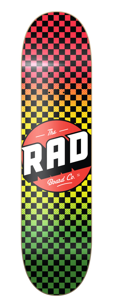 RAD Board Co. Logo Skateboard Deck "Checkers Rasta Fade" in 8.5" bottom graphic